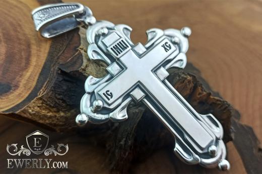 Хрест без розп'яття з написом GOD SAVE US зі срібла, фото